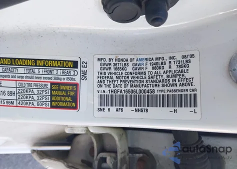 2006 Honda Civic Lx from USA, damaged, VIN 1HGFA16506L000458